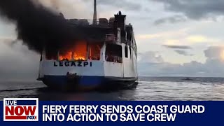 Boat on fire as flames send the Philippine Coast Guard into action  LiveNOW from FOX [upl. by Eelyak]