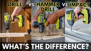 Drill vs Impact Driver vs Hammer Drill EXPLAINED  RYOBI Tools 101 [upl. by Htyderem]