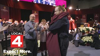 Central Michigan student met with surprise proposal at graduation ceremony [upl. by Heisser]