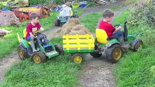 Kids Playing on ride on tractors loading hay children play on the farm TRACTOR SONG [upl. by Urbanus]