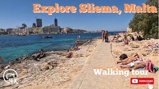 Explore Sliema Malta  4K walking tour around the rocky coastline [upl. by Anaerb]