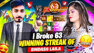 Break 63 Winning Streak 😱 Aawara vs Bindass Laila 😡 बहुत गुस्सा हो गई  Free Fire [upl. by Essie]