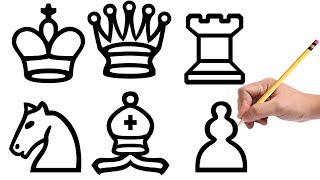 How to draw Chess Pieces Pawn Bishop Rook King Queen Knight [upl. by Enneirb]