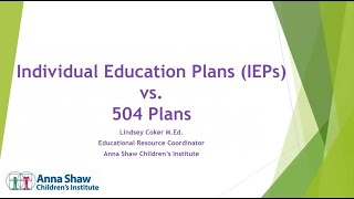 CHAMP Webinar Series  Individual Education Plans IEPs vs 504 Plans [upl. by Noma491]