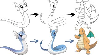 How To Draw DRATINI DRAGONAIR and DRAGONITE POKEMON  Pokemon Evolution [upl. by Akimehs]