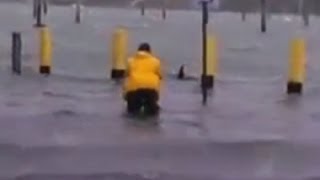 Superstorm Sandy Man takes to the waters  as a shark [upl. by Abebi916]