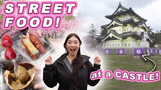 STREET FOOD at a Castle in Japan🇯🇵  Aomori Japan Cherry Blossom Festival 🌸 [upl. by Nagear]