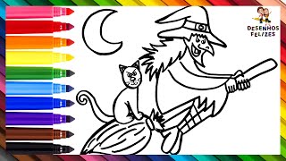 Desenhar e Colorir uma Bruxa 🧙‍♀️🧹🖤😾🌙 Desenhos para Crianças [upl. by Linoel]