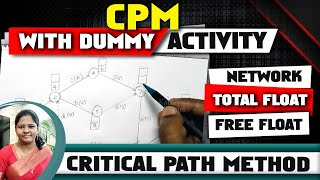 Critical Path Method with Dummy Activity  CPM Network  Critical Path  Total Floats amp Free Floats [upl. by Yatnuahs]