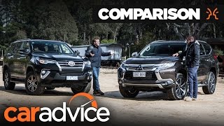 Comparison Toyota Fortuner GXL v Mitsubishi Pajero Sport  CarAdvice Drive [upl. by Takakura]