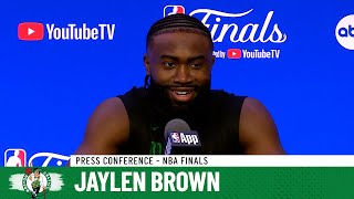 PRESS CONFERENCE Jaylen Brown on Kyrie Irving facing scrutiny return to NBA Finals [upl. by Sausa978]