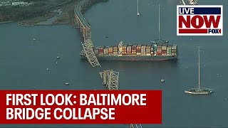 Baltimore Bridge Collapse Aerial video shows bridge submerged in water  LiveNOW from FOX [upl. by Sremmus]