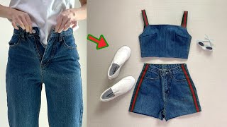 Refashion DIY Denim set from old jeans  crop top amp shorts  upsize jeans [upl. by Meela]