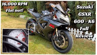 Suzuki GSXR 600 K6 Review  POV  Full 16000rpm FLAT OUT action [upl. by Gies729]