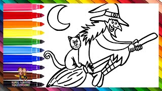 Wie man eine Hexe zeichnet 🧙‍♀️🧹 Zeichnen und Ausmalen einer Hexe mit ihrer Katze 🐈‍⬛🪄🌈 [upl. by Aliwt565]