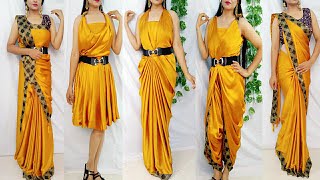 Drape your Saree in Western Styleno cutting no stichingWestern Style Saree wearingSaree Dress [upl. by Leinahtan]