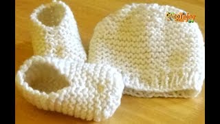 Cómo Tejer Boticas Patucos y Gorro 12 How to Knit Baby Booties and hat 2 agujaspalitos 185 [upl. by Ihcego]