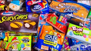 Opening NEW Yummy Christmas Candy Bars Snacks Halloween Cakes Cookies Pop Tarts Trolli Tree Gummies [upl. by Negris]