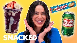 Blue Beetles Bruna Marquezine Breaks Down Her Favorite Snacks  Snacked [upl. by Ardnuahc]