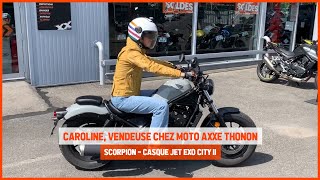 Test du casque jet Scorpion Exo City II Bee par Caroline de chez Moto Axxe Thonon [upl. by Aeslek]