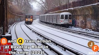 B and Q train action at Beverley Road in the snow 2021 [upl. by Arocat]