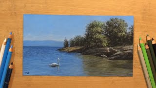 Swan on the River  Landscape in Colored Pencil [upl. by Roth]