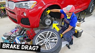 HOW TO DIAGNOSE STUCK BRAKE CALIPER PISTON ON BMW BRAKE DRAG [upl. by Affay687]