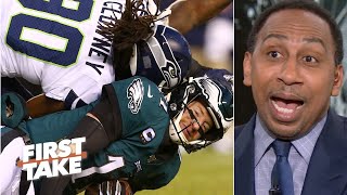 Stephen A calls Jadeveon Clowney’s hit on Carson Wentz ‘dirty’  First Take [upl. by Yekram]