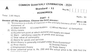 11th economics quarterly exam original question paper 2024 [upl. by Arvad]