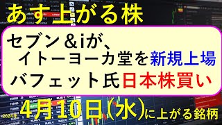 あす上がる株 2024年４月１０日（水）に上がる銘柄 ～最新の日本株での株式投資。セブン＆iがイトーヨーカ堂を新規上場、バフェット氏日本株買い、小林製薬の空売りが負けている株価の推移。～ [upl. by Enirual]