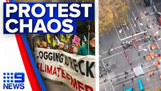 Climate change protesters cause chaos in Melbourne CBD  9 News Australia [upl. by Doralynne216]