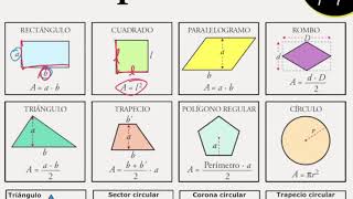 Areas de figuras planas formulas cuadrado triangulo rectangulo trapecio circulo romboide [upl. by Noffihc]