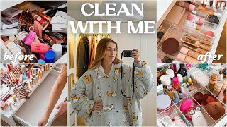 CLEAN amp DECLUTTER WITH ME  organising my ENTIRE makeup collection 💄✨ [upl. by Tarsus]