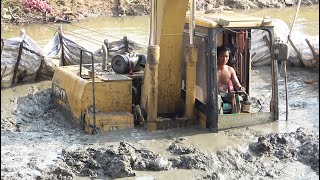 Excavator Accident Sink Underwater  Excavator Stuck in Deep Mud Recovery [upl. by Ahsakat]