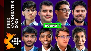 Round 1  FIDE Candidates Chess Tournaments 2024  Hikaru Caruana Pragg Firouzja Gukesh Nepom [upl. by Yssirk]