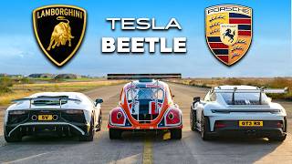 911 GT3 RS v Lambo V12 vs Tesla Beetle DRAG RACE [upl. by Frannie]