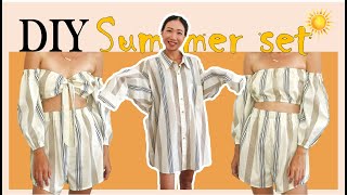 DIY Refashion Mens shirt into 2 piece summer set  Step by step tutorial [upl. by Ahsikahs]