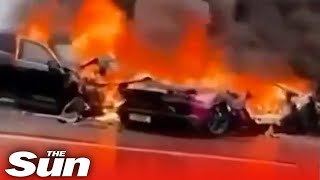 £270k Lamborghini engulfed in flames after huge crash shorts 🔥 [upl. by Rakso]