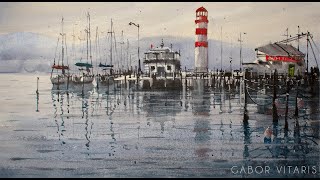 Watercolor Painting Time Lapse 033  Lighthouse 2 Podersdorf by Gabor Vitaris [upl. by Rozanna621]