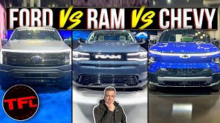 Ford vs Ram vs Chevy One Of These Three New EV Trucks Has a LOT More Range amp Towing Capacity [upl. by Oliric569]