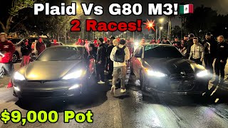 Tesla Plaid Vs G80 M3 9000 Pot  2 RACES BMW G80 M3 [upl. by Sualk223]