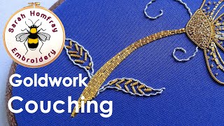 Couching gold threads Goldwork embroidery for beginners Flosstube tutorial [upl. by Anilrahc941]