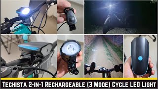 Techista 2in1 Rechargeable  3 Mode Cycle Front LED Light amp Horn How to install amp detail Review [upl. by Eniawtna]