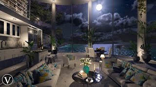 Ocean View Apartment  Night Ambience  Beach Waves amp Tropical Nature Sounds [upl. by Sibby]