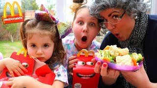 McDonalds drive thru Greedy Granny Joke on Kids with Vegetables Pretend Play [upl. by Ormsby]