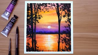 How to Paint a Sunset Scenery  Watercolor Painting [upl. by Couhp232]