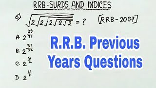 Surds and Indices  RRB Previous years Questions [upl. by Norry]