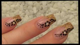 NailArt Design Tutorial  gold glitzer  schwarz  weiss  flower [upl. by Fleeman]