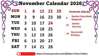 November Calendar 2026  novembercalender2026 [upl. by Elahcim]