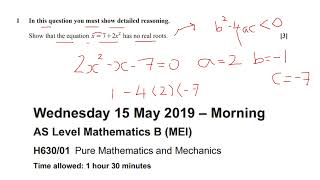 AS PURE MATHS OCR MEI JUNE 2019 Pure Maths and Mechanics Paper 1 The discriminate [upl. by Sheets924]